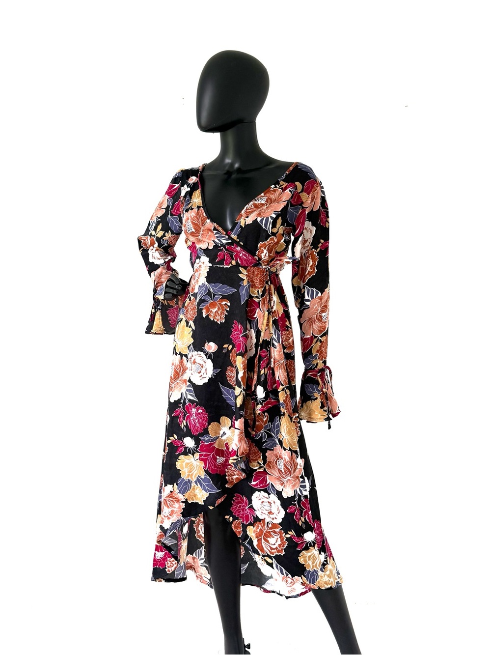 Hi-Lo Wrap Maxi Dress Floral Bell Long Sleeve Dress V-Neck Open Back Long Dress